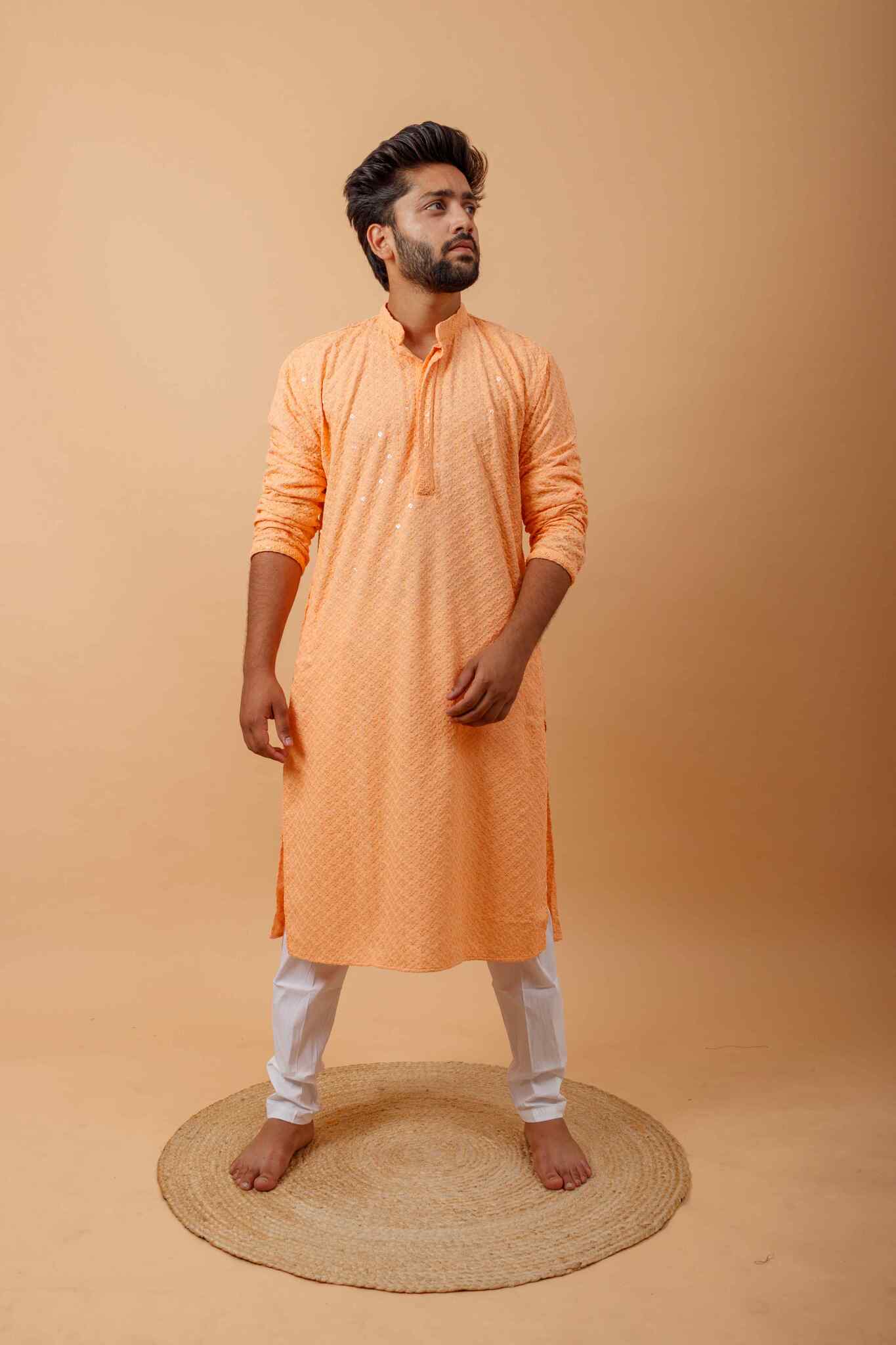 Arsh Peach All Over Embroidered With Sequins Men's Kurta - arshchikan