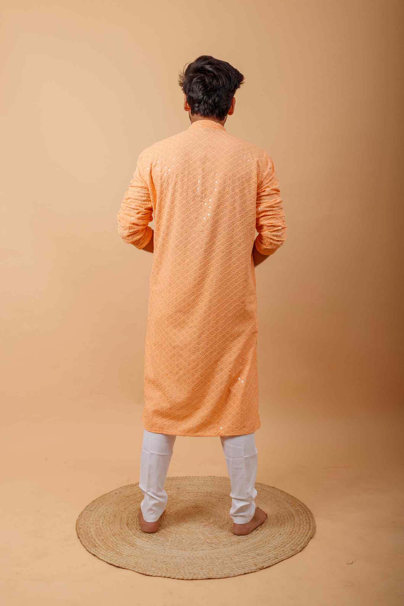 Arsh Peach All Over Embroidered With Sequins Men's Kurta - arshchikan