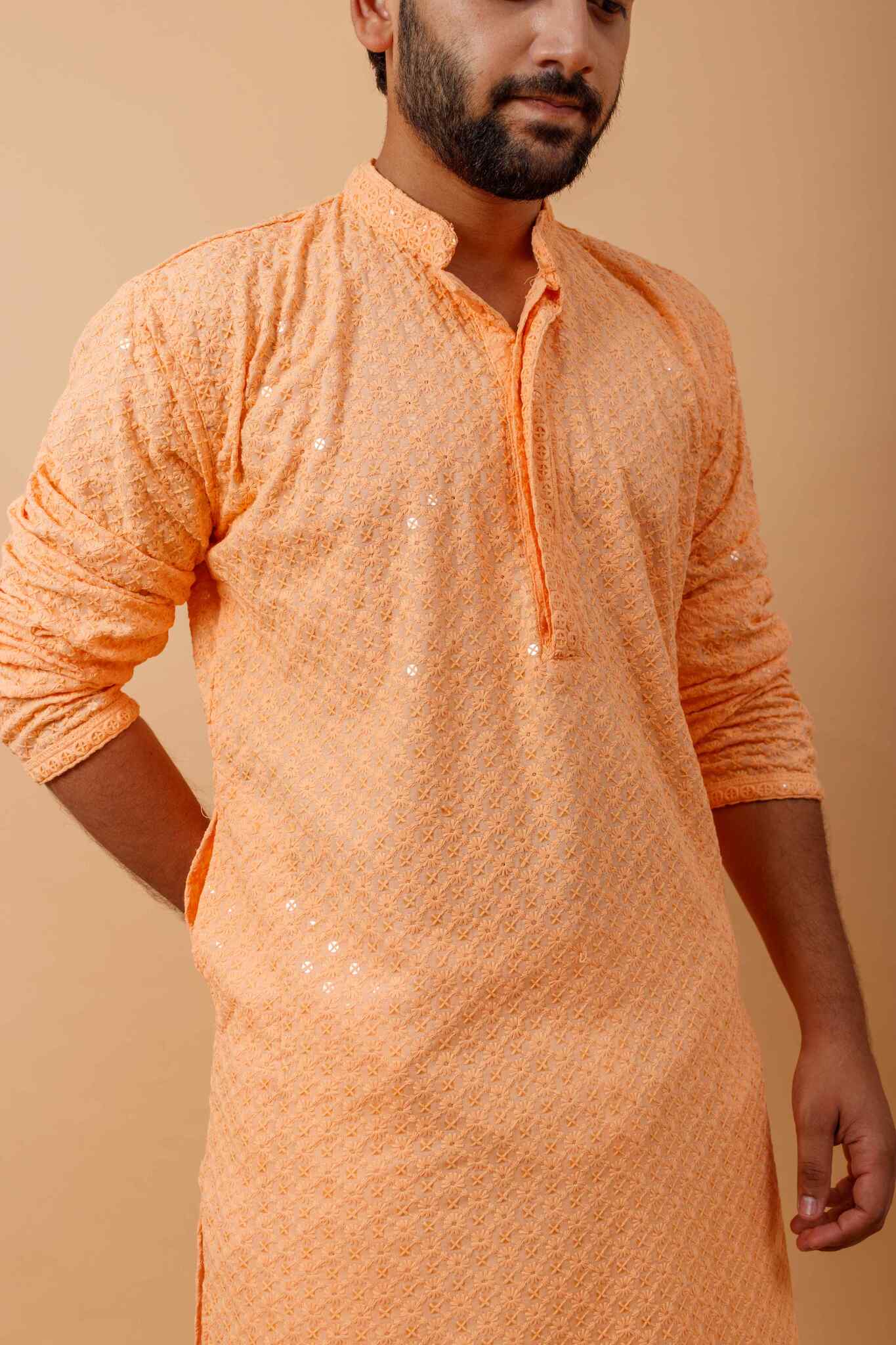 Arsh Peach All Over Embroidered With Sequins Men's Kurta - arshchikan