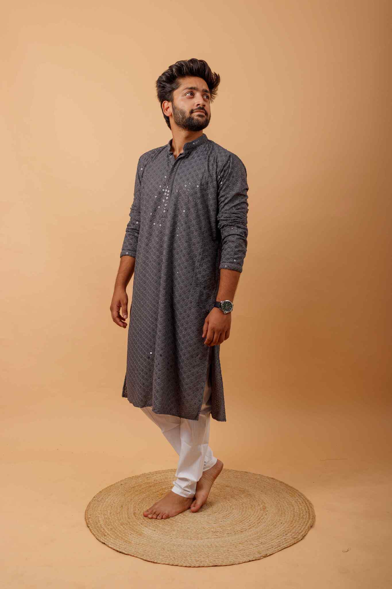 Arsh Steel Grey All Over Embroidered With Sequins Men's Kurta - arshchikan