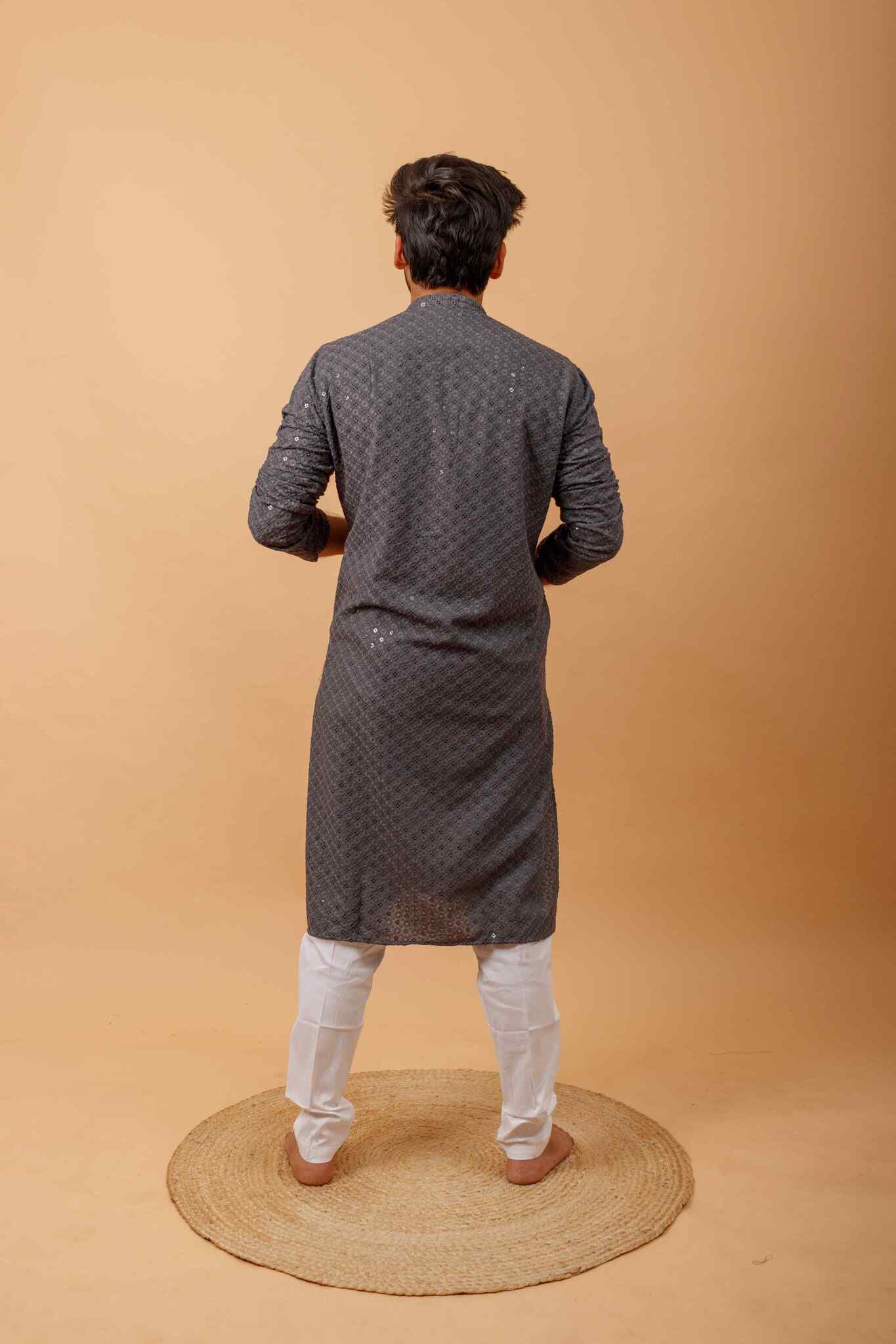 Arsh Steel Grey All Over Embroidered With Sequins Men's Kurta - arshchikan
