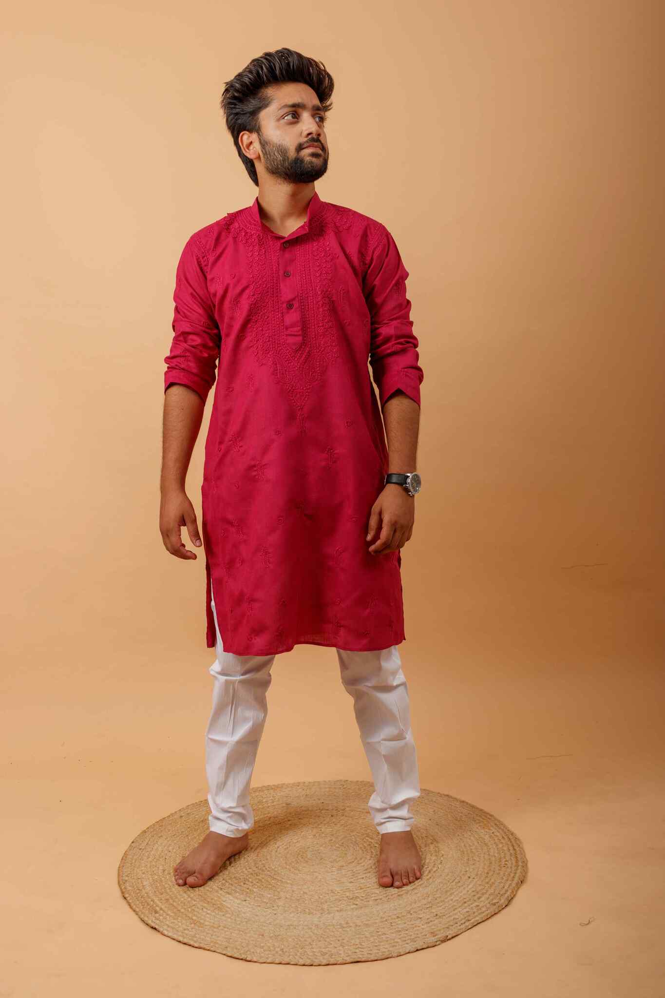 Arsh Handcrafted Dark Red Gala Booti Pure Cotton Men's Kurta - arshchikan
