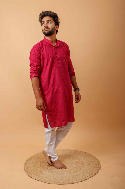Arsh Handcrafted Dark Red Gala Booti Pure Cotton Men's Kurta - arshchikan