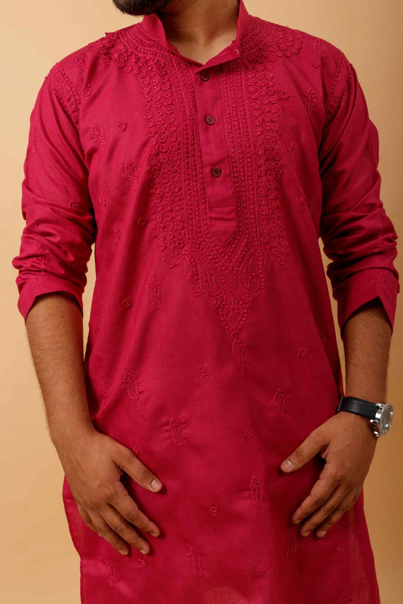 Arsh Handcrafted Dark Red Gala Booti Pure Cotton Men's Kurta - arshchikan