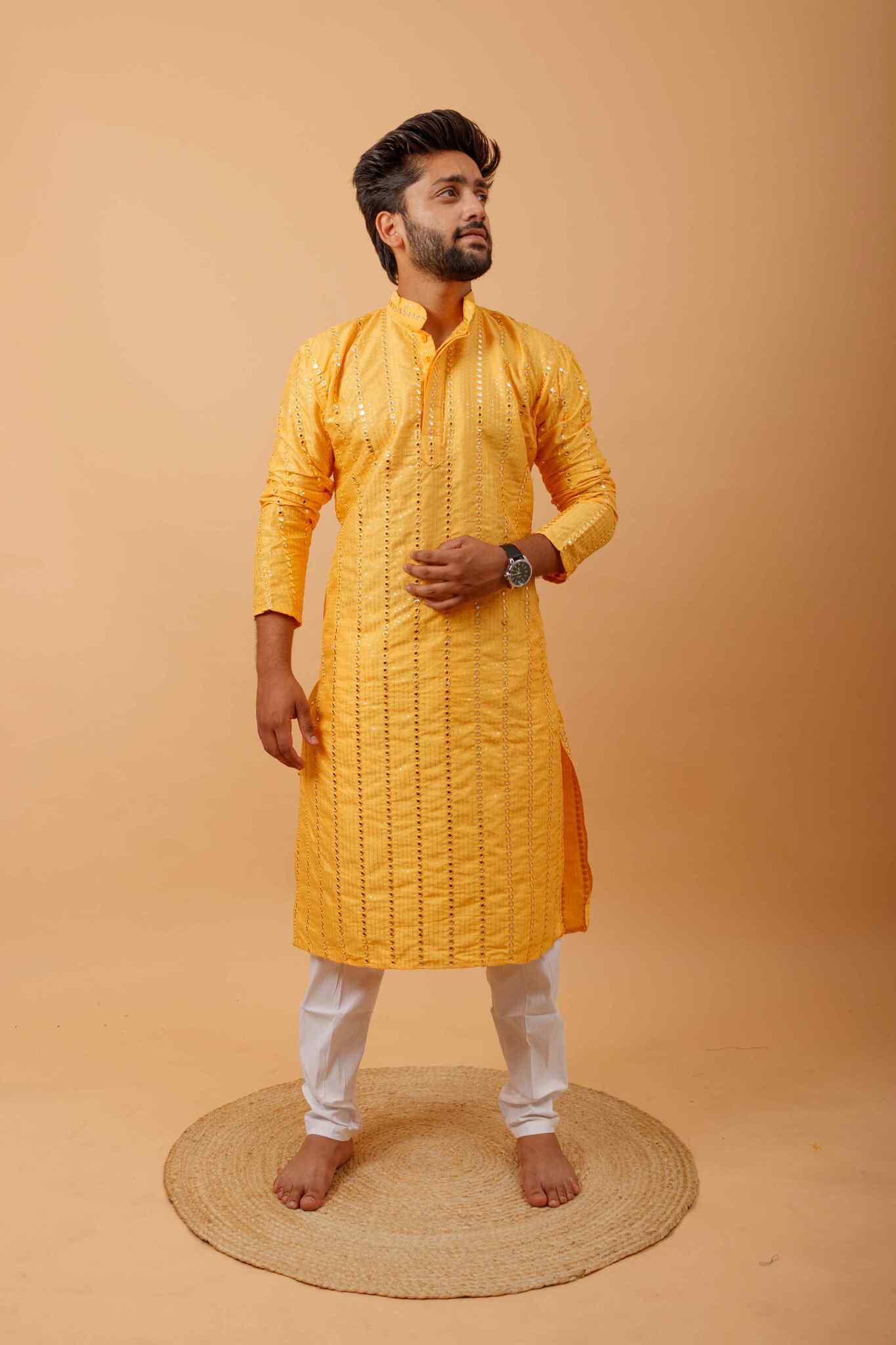 Arsh Golden Yellow All Over Embroidered With Mirror Work Men's Kurta - arshchikan