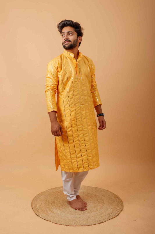 Arsh Golden Yellow All Over Embroidered With Mirror Work Men's Kurta - arshchikan