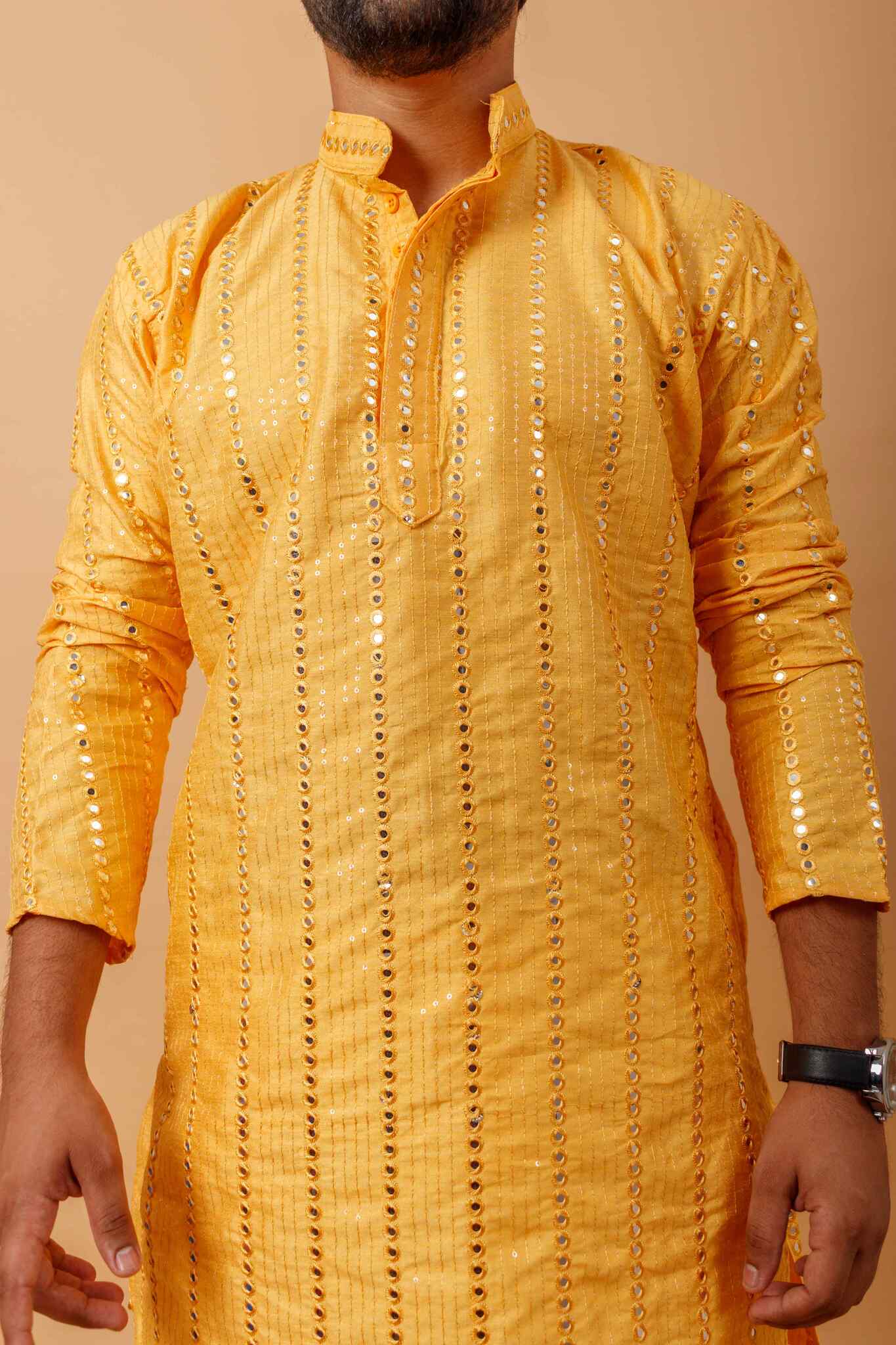 Arsh Golden Yellow All Over Embroidered With Mirror Work Men's Kurta - arshchikan