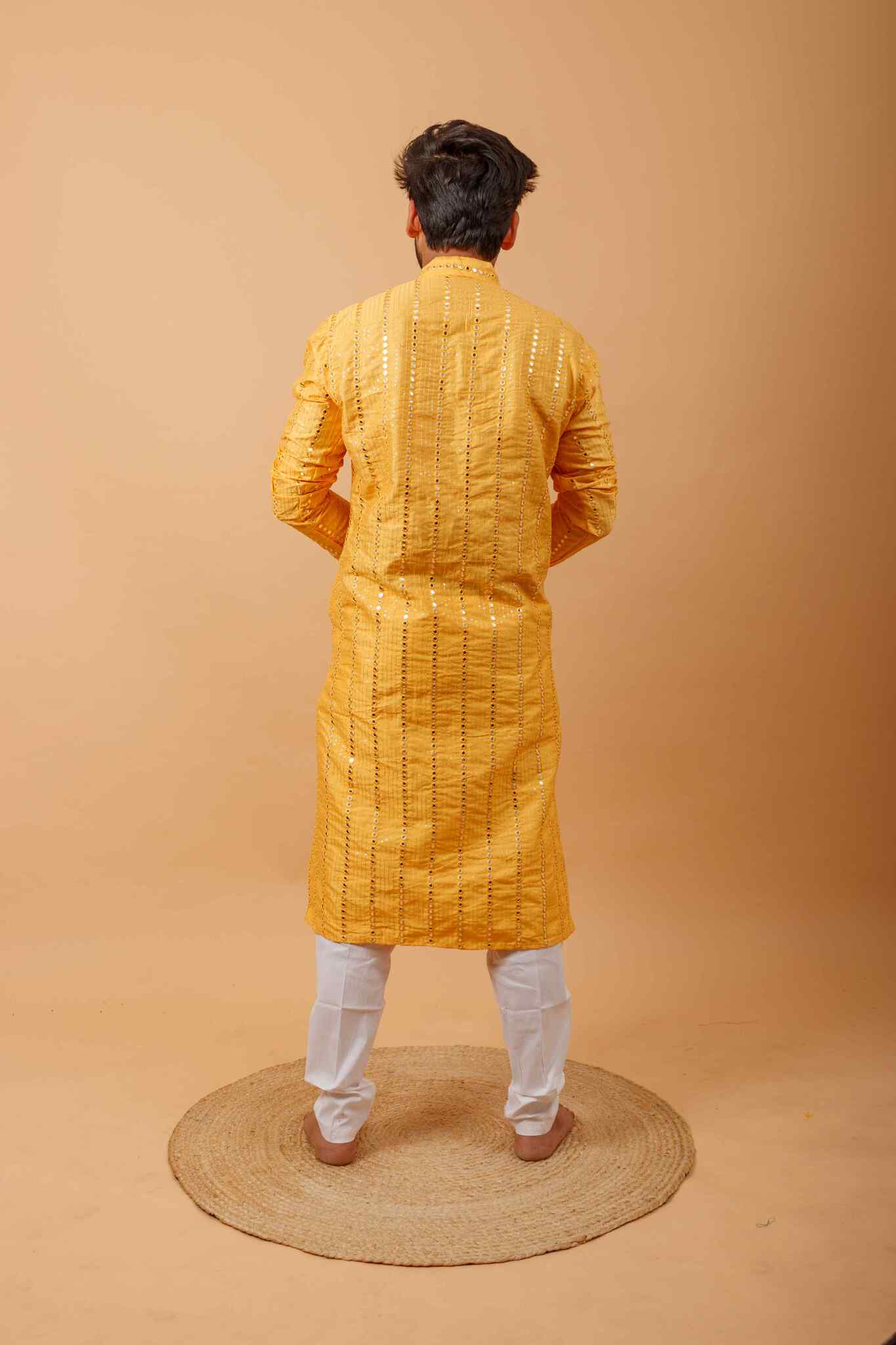 Arsh Golden Yellow All Over Embroidered With Mirror Work Men's Kurta - arshchikan