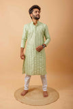 Arsh Mint Green All Over Embroidered With Mirror Work Men's Kurta - arshchikan