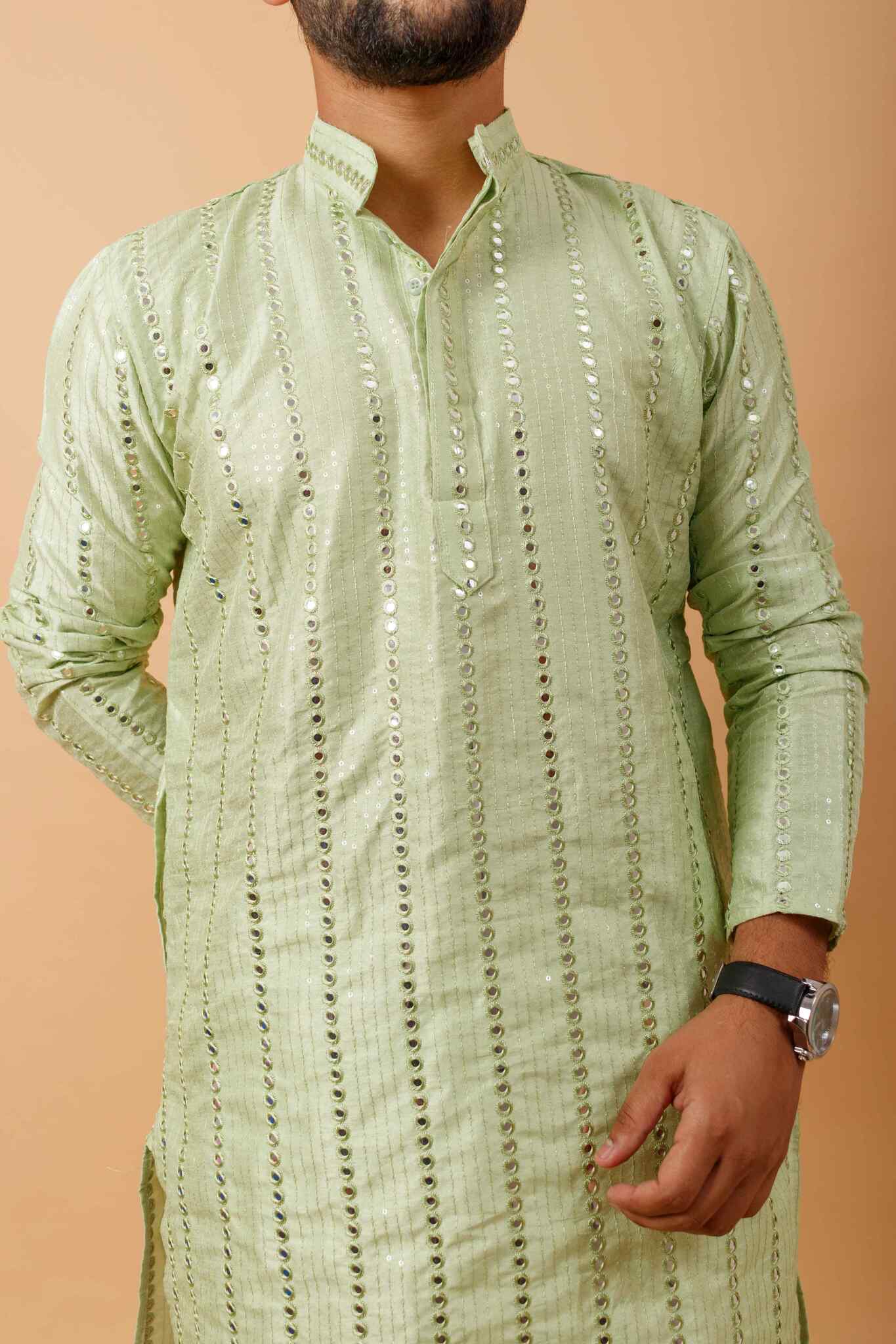 Arsh Mint Green All Over Embroidered With Mirror Work Men's Kurta - arshchikan
