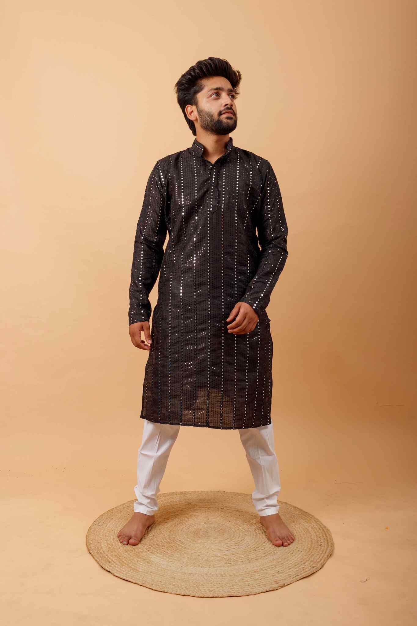 Arsh Black All Over Embroidered With Mirror Work Men's Kurta - arshchikan
