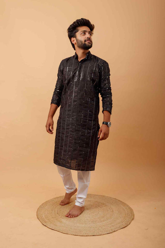 Arsh Black All Over Embroidered With Mirror Work Men's Kurta - arshchikan