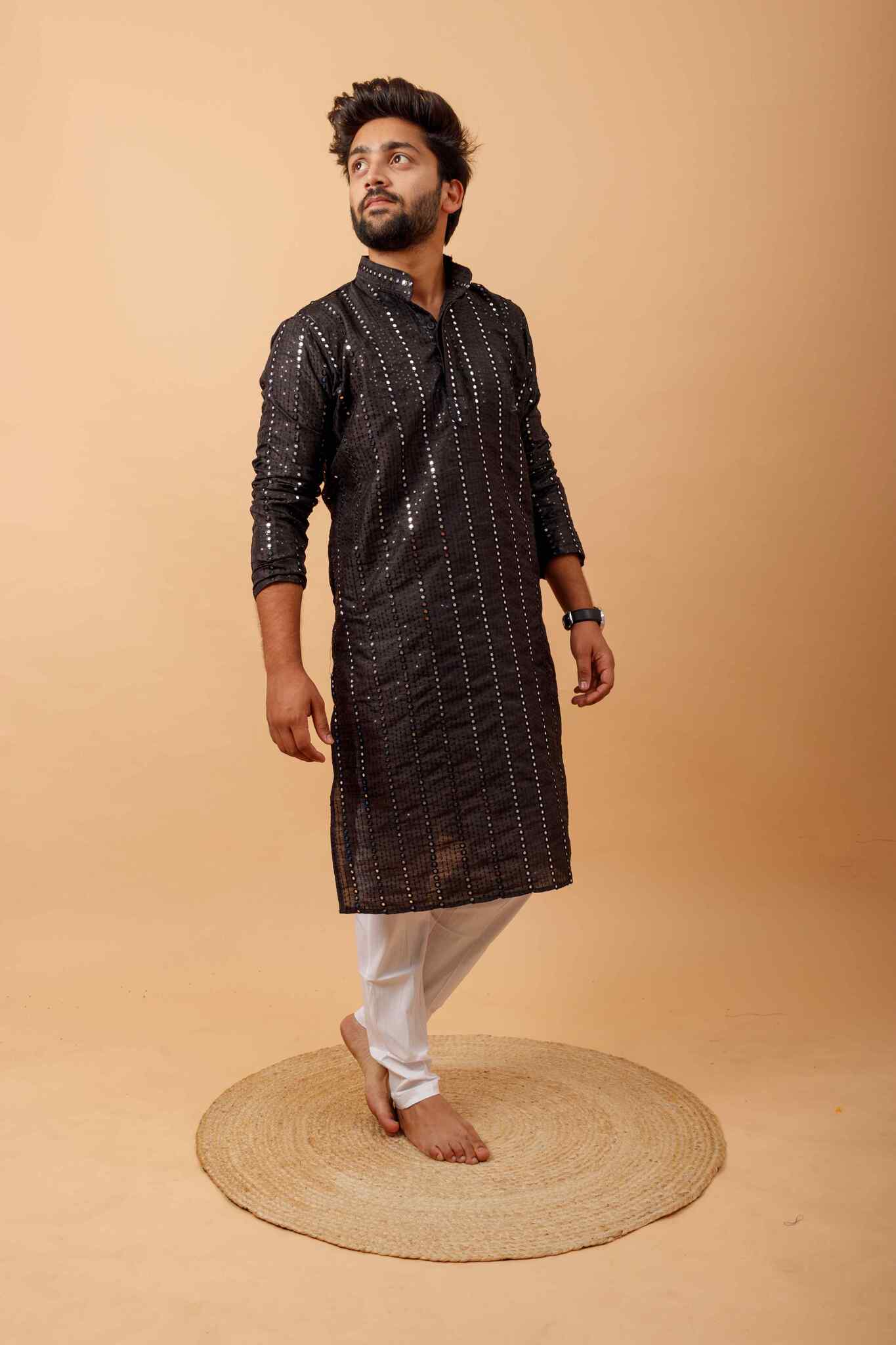 Arsh Black All Over Embroidered With Mirror Work Men's Kurta - arshchikan
