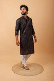 Arsh Black All Over Embroidered With Mirror Work Men's Kurta - arshchikan