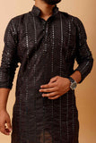 Arsh Black All Over Embroidered With Mirror Work Men's Kurta - arshchikan