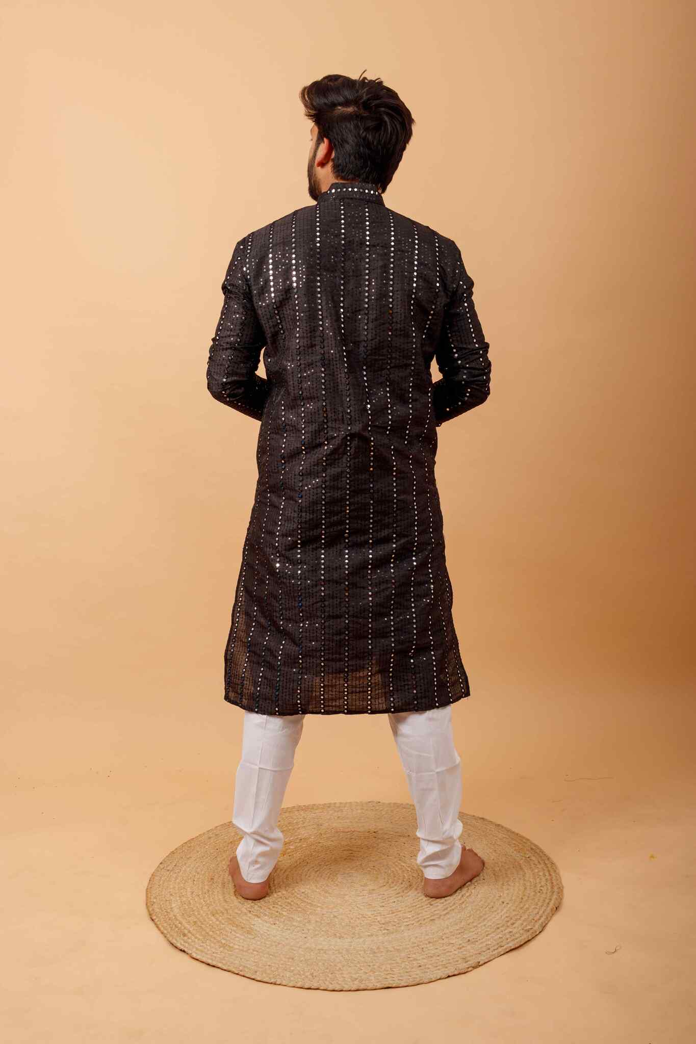 Arsh Black All Over Embroidered With Mirror Work Men's Kurta - arshchikan