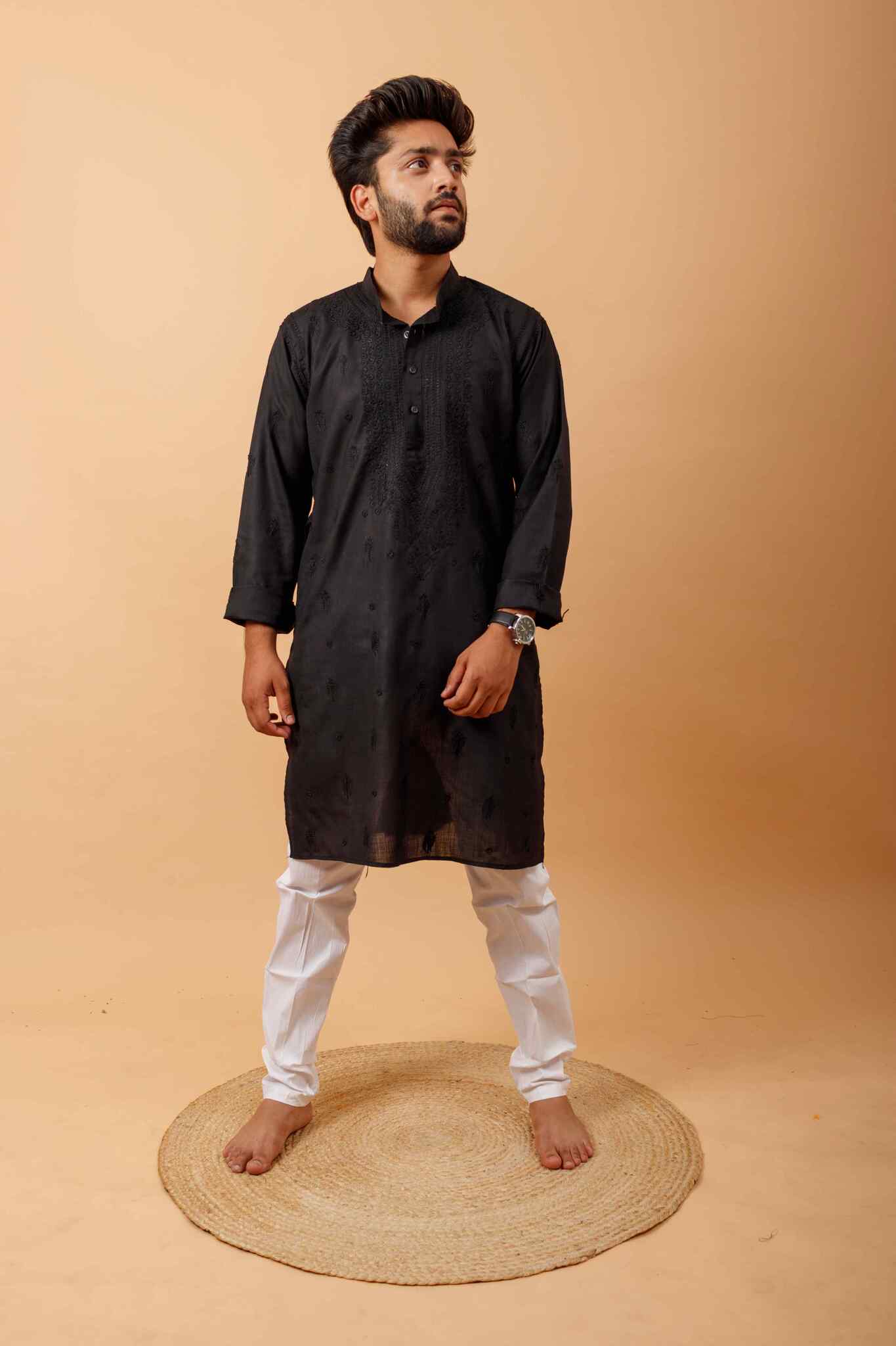 Arsh Handcrafted Black Gala Booti Pure Cotton Men's Kurta - arshchikan