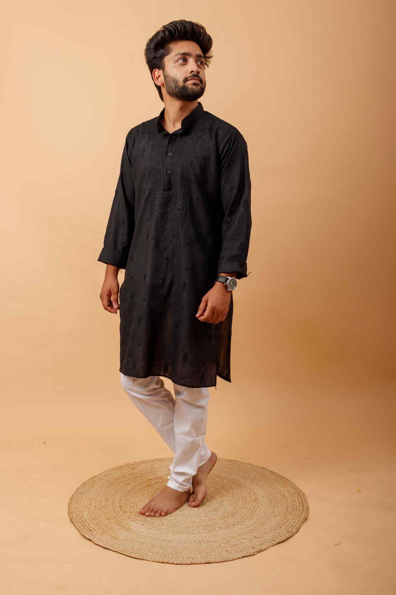 Arsh Handcrafted Black Gala Booti Pure Cotton Men's Kurta - arshchikan