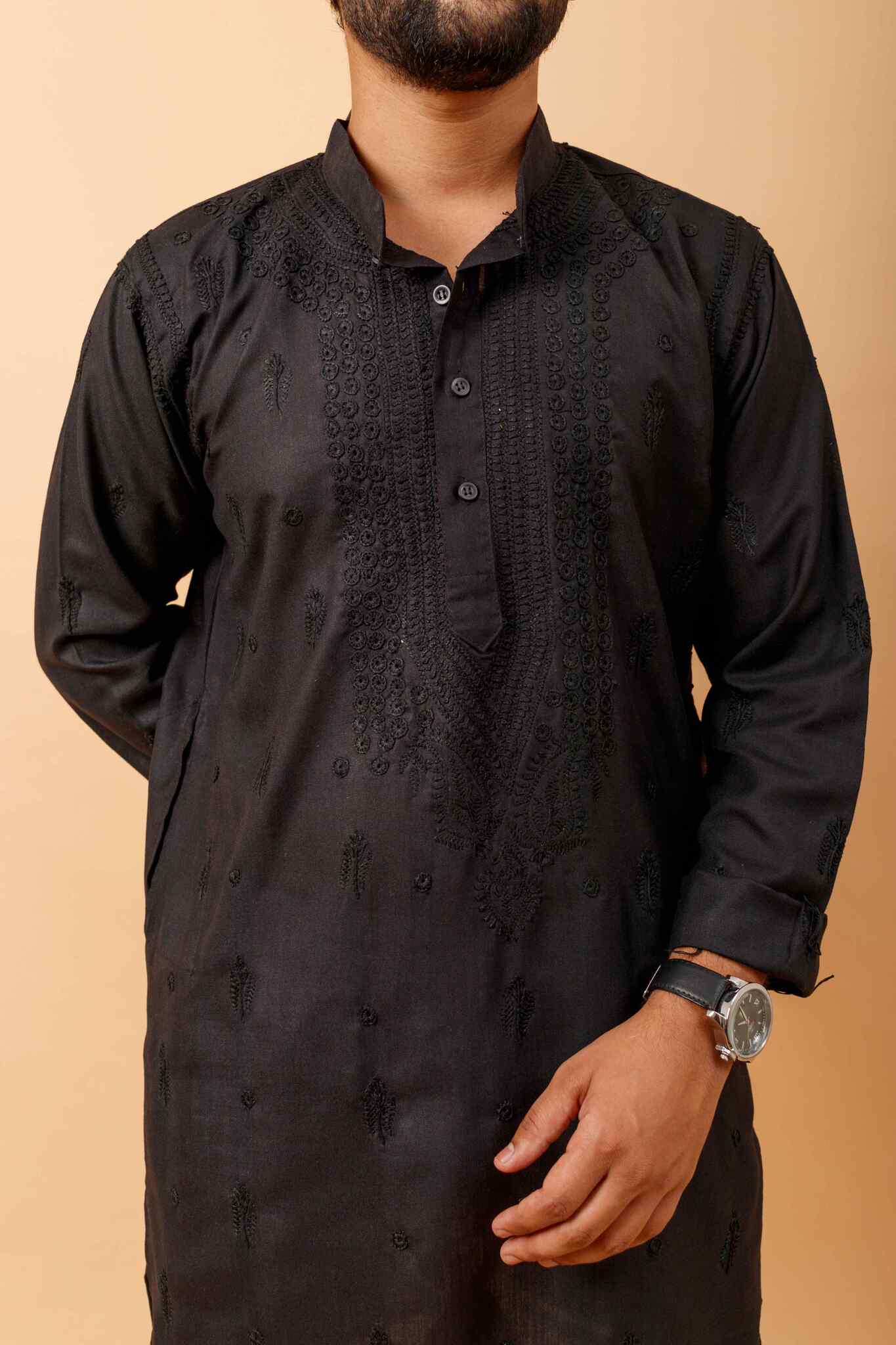 Arsh Handcrafted Black Gala Booti Pure Cotton Men's Kurta - arshchikan