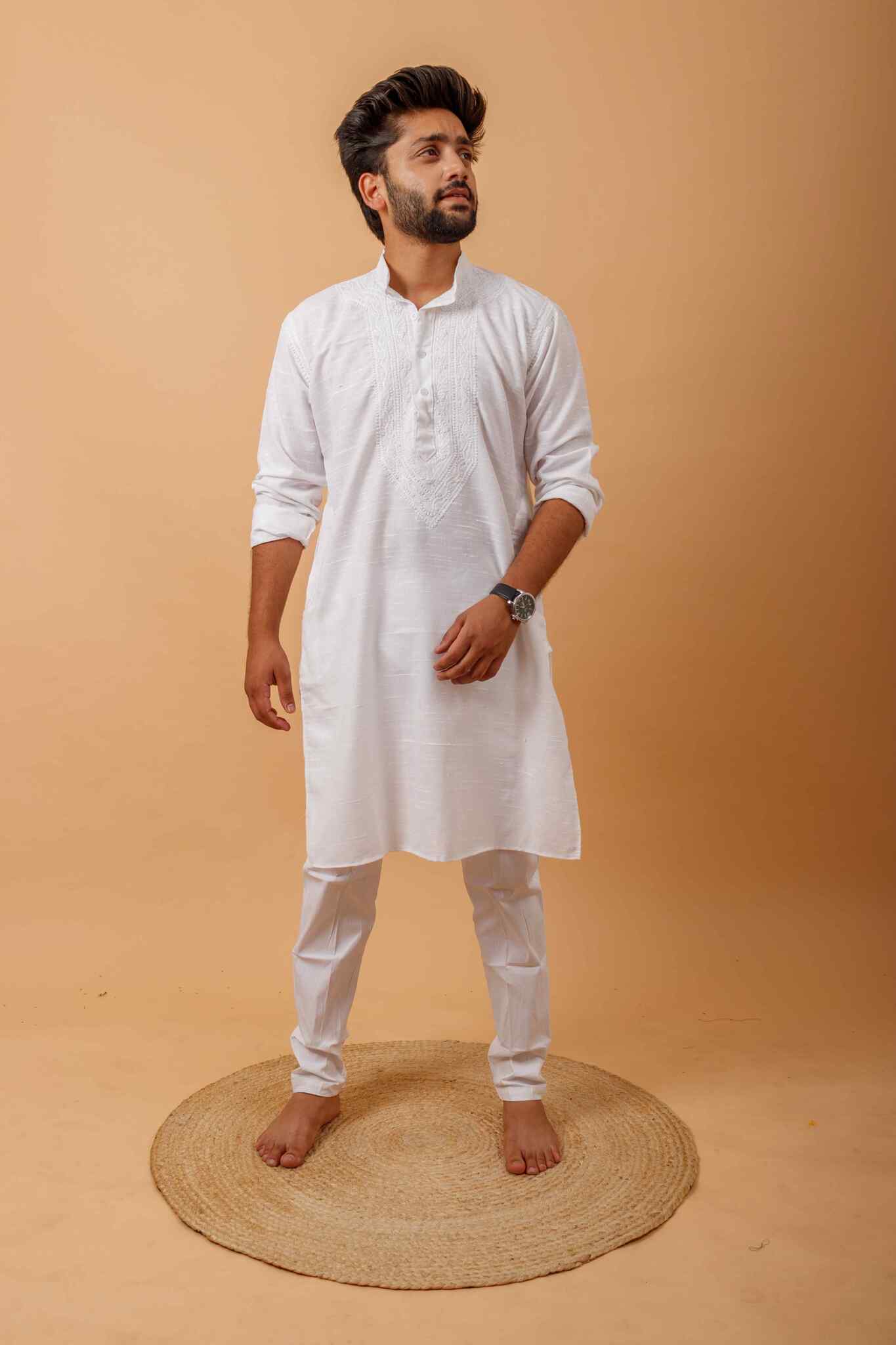 Arsh Handcrafted White Neck Embroidered Jute Cotton Men's Kurta - arshchikan