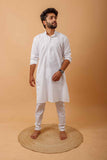 Arsh Handcrafted White Neck Embroidered Jute Cotton Men's Kurta - arshchikan