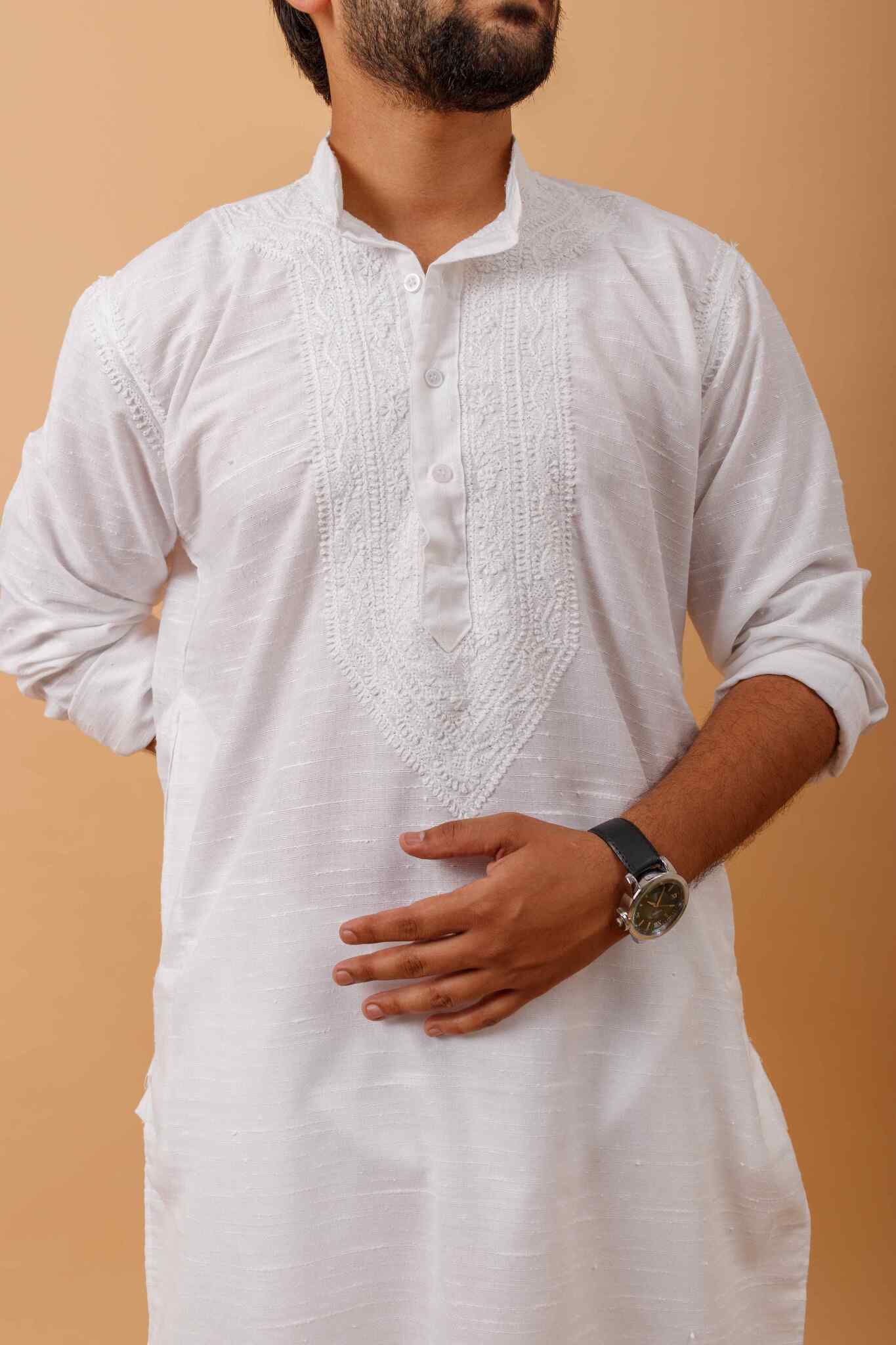 Arsh Handcrafted White Neck Embroidered Jute Cotton Men's Kurta - arshchikan