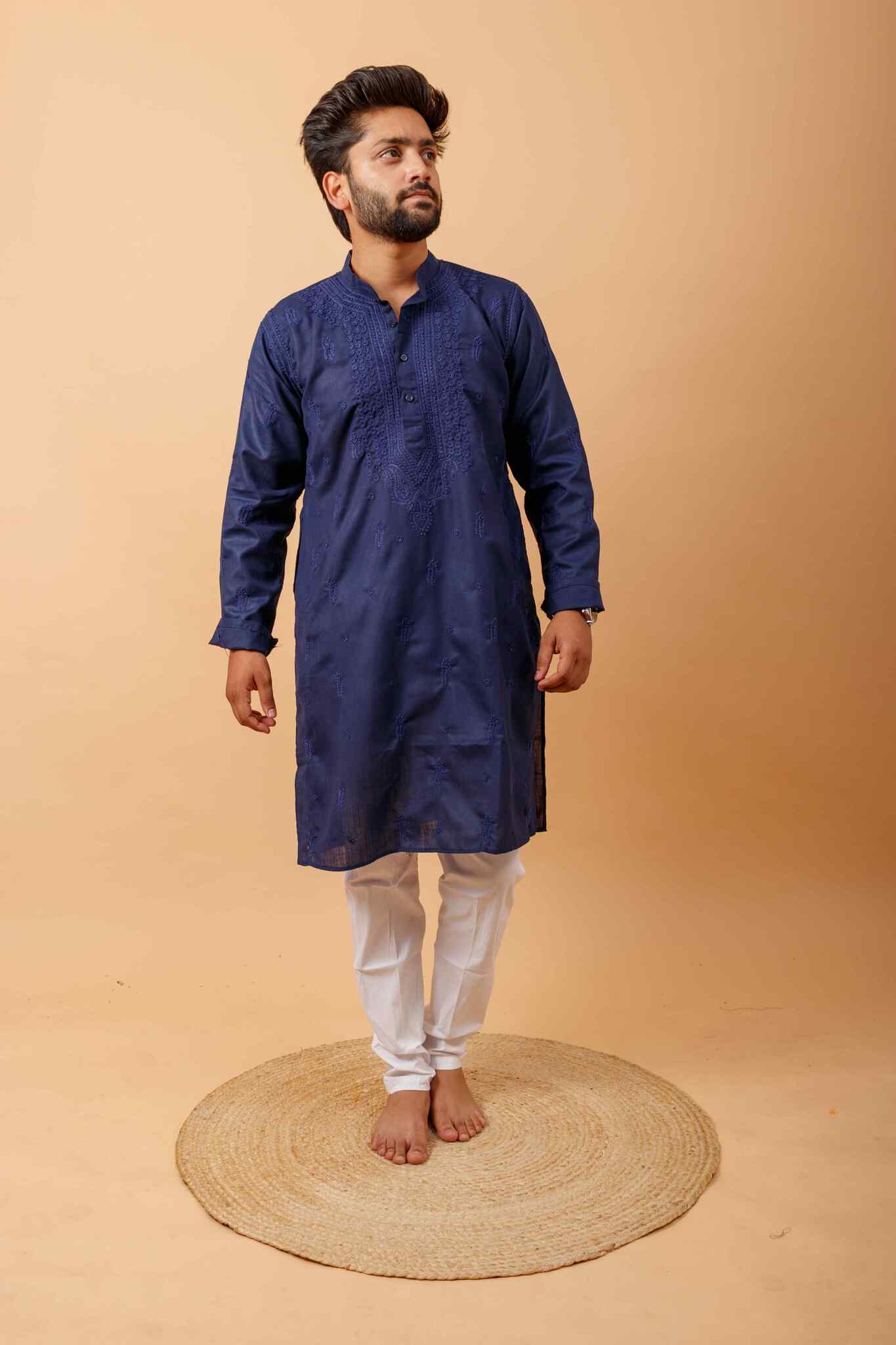 Arsh Handcrafted Navy Blue Gala Booti Pure Cotton Men's Kurta - arshchikan