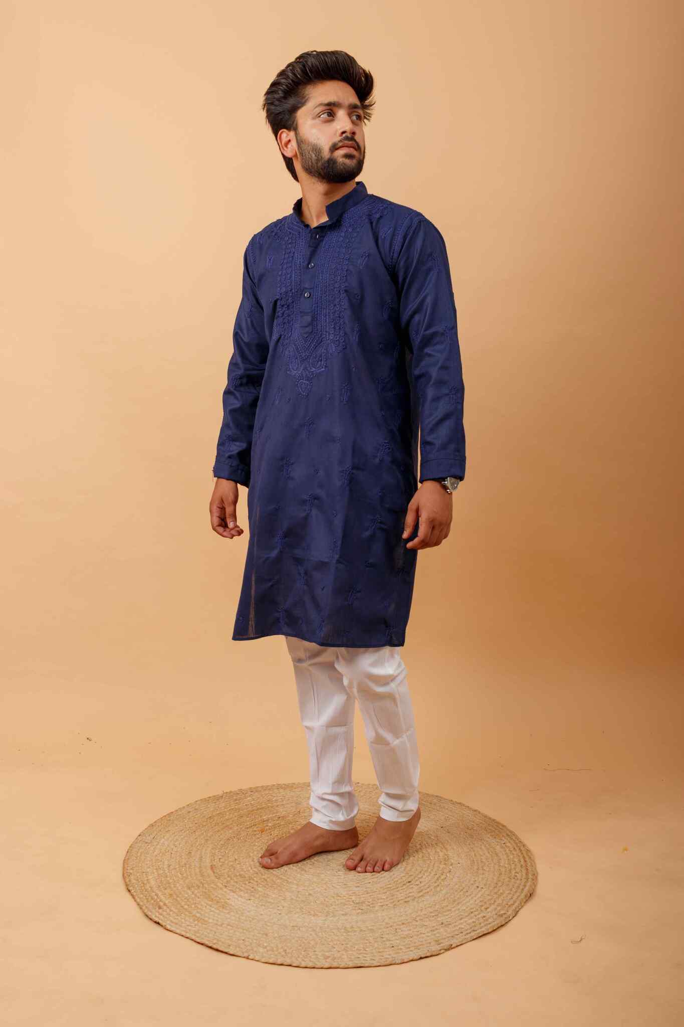 Arsh Handcrafted Navy Blue Gala Booti Pure Cotton Men's Kurta - arshchikan