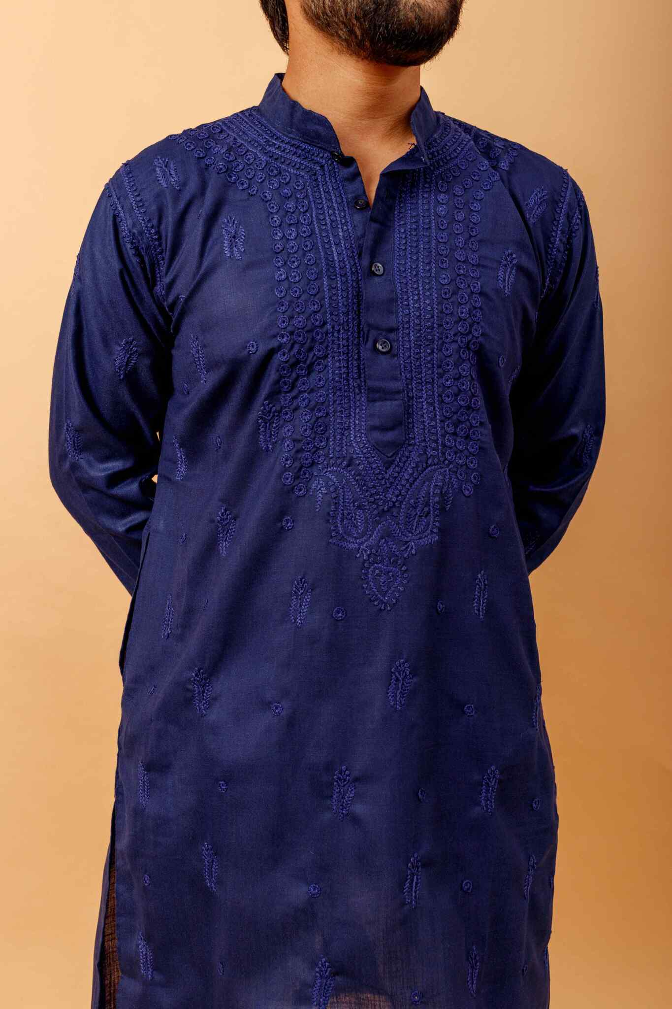 Arsh Handcrafted Navy Blue Gala Booti Pure Cotton Men's Kurta - arshchikan