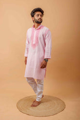 Arsh Handcrafted Pink Neck Embroidered Pure Cotton Men's Kurta - arshchikan