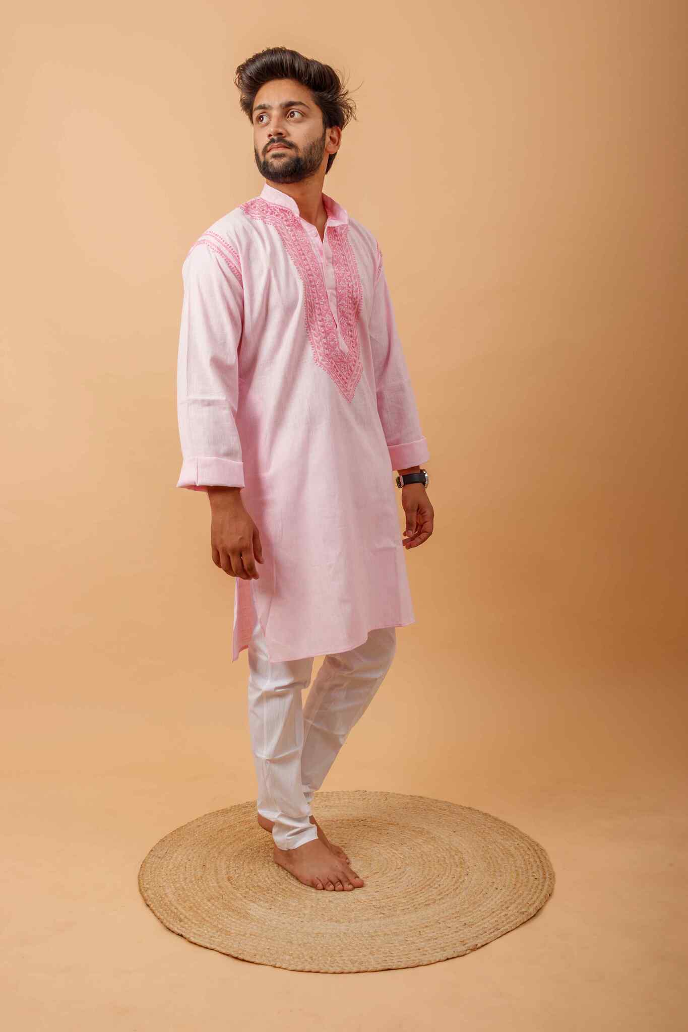 Arsh Handcrafted Pink Neck Embroidered Pure Cotton Men's Kurta - arshchikan