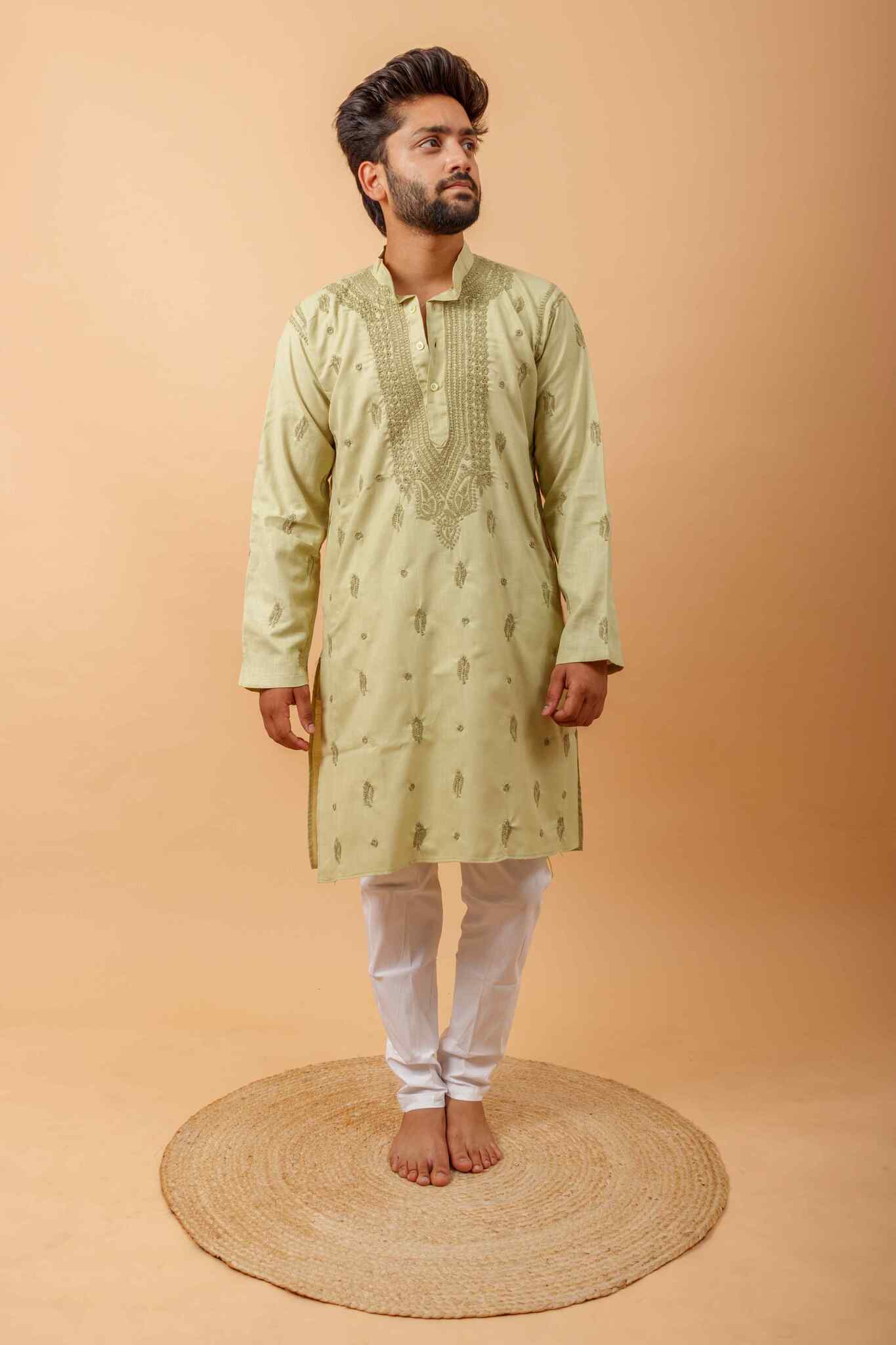 Arsh Handcrafted Pista Green Gala Booti Pure Cotton Men's Kurta - arshchikan