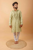 Arsh Handcrafted Pista Green Gala Booti Pure Cotton Men's Kurta - arshchikan