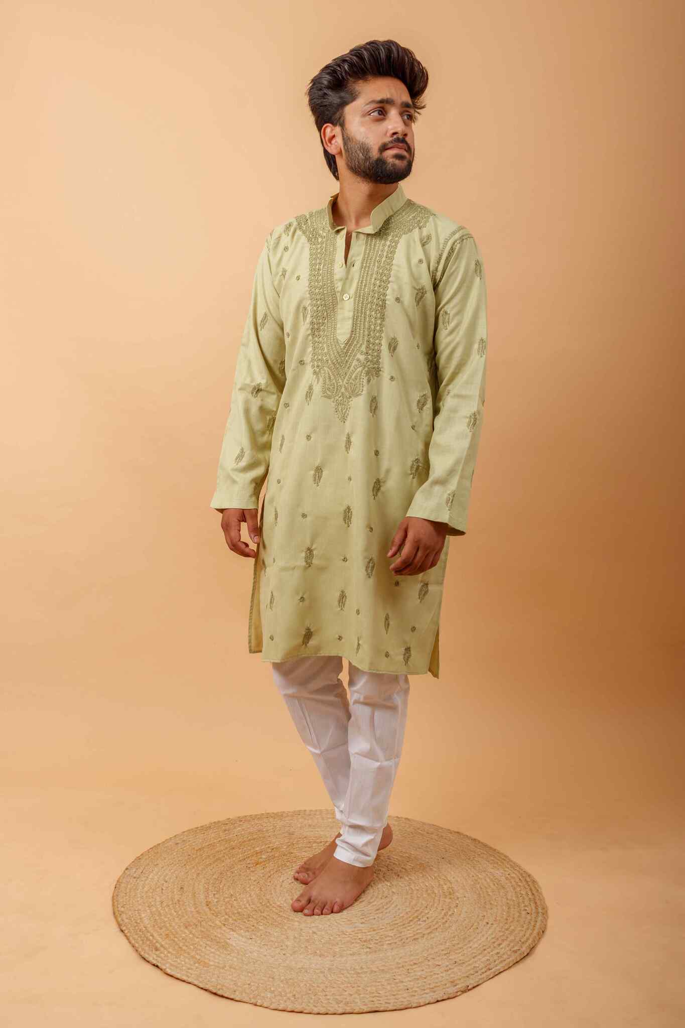 Arsh Handcrafted Pista Green Gala Booti Pure Cotton Men's Kurta - arshchikan