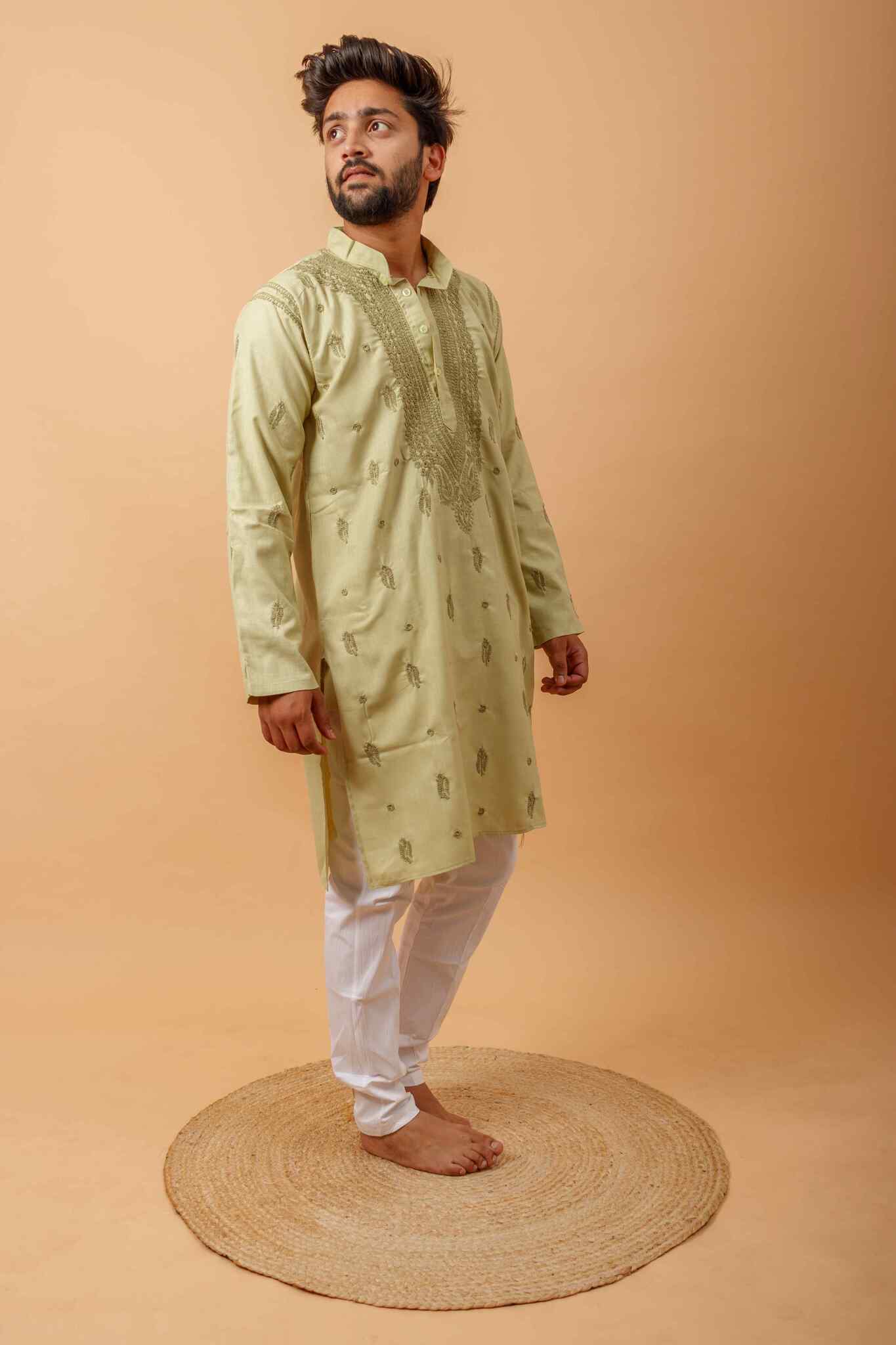 Arsh Handcrafted Pista Green Gala Booti Pure Cotton Men's Kurta - arshchikan