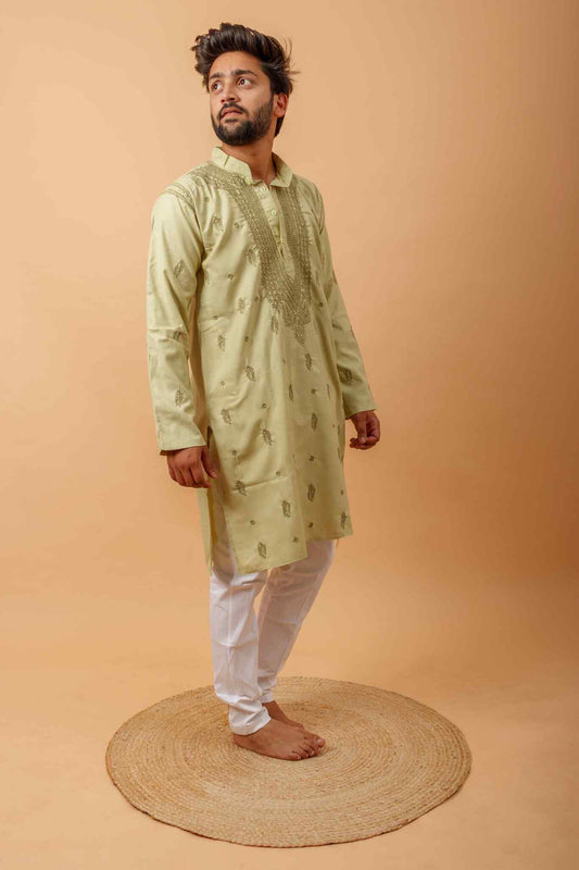 Arsh Handcrafted Pista Green Gala Booti Pure Cotton Men's Kurta - arshchikan