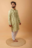 Arsh Handcrafted Pista Green Gala Booti Pure Cotton Men's Kurta - arshchikan