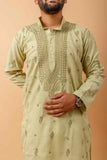 Arsh Handcrafted Pista Green Gala Booti Pure Cotton Men's Kurta - arshchikan
