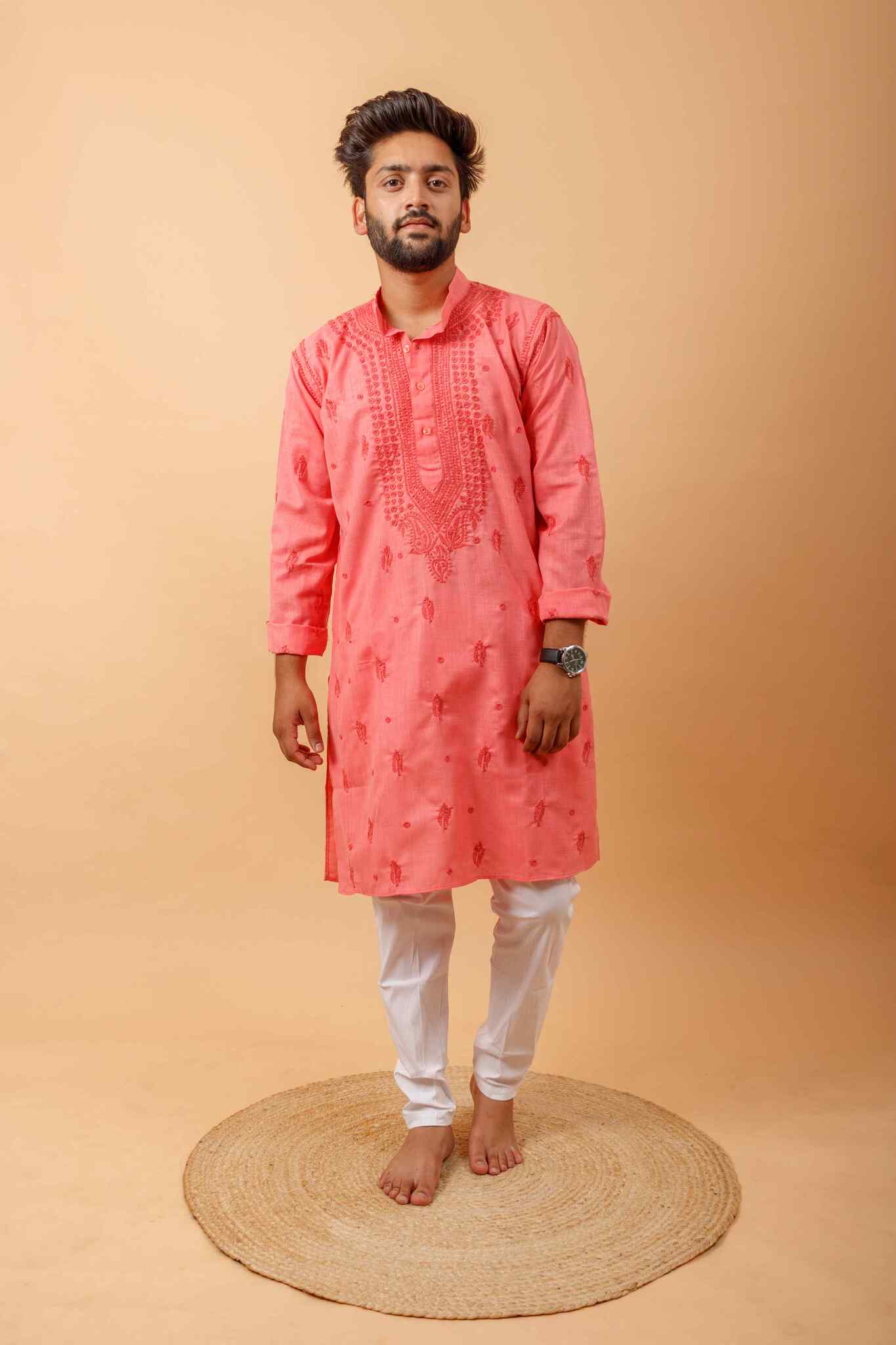 Arsh Handcrafted Tomato Red Gala Booti Pure Cotton Men's Kurta - arshchikan