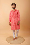 Arsh Handcrafted Tomato Red Gala Booti Pure Cotton Men's Kurta - arshchikan