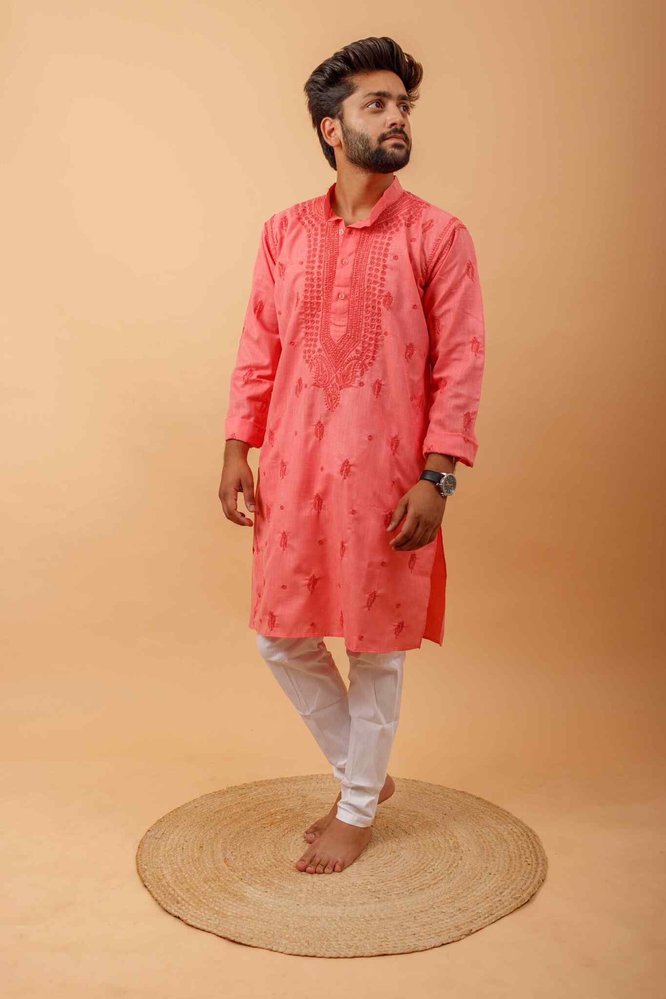 Arsh Handcrafted Tomato Red Gala Booti Pure Cotton Men's Kurta - arshchikan