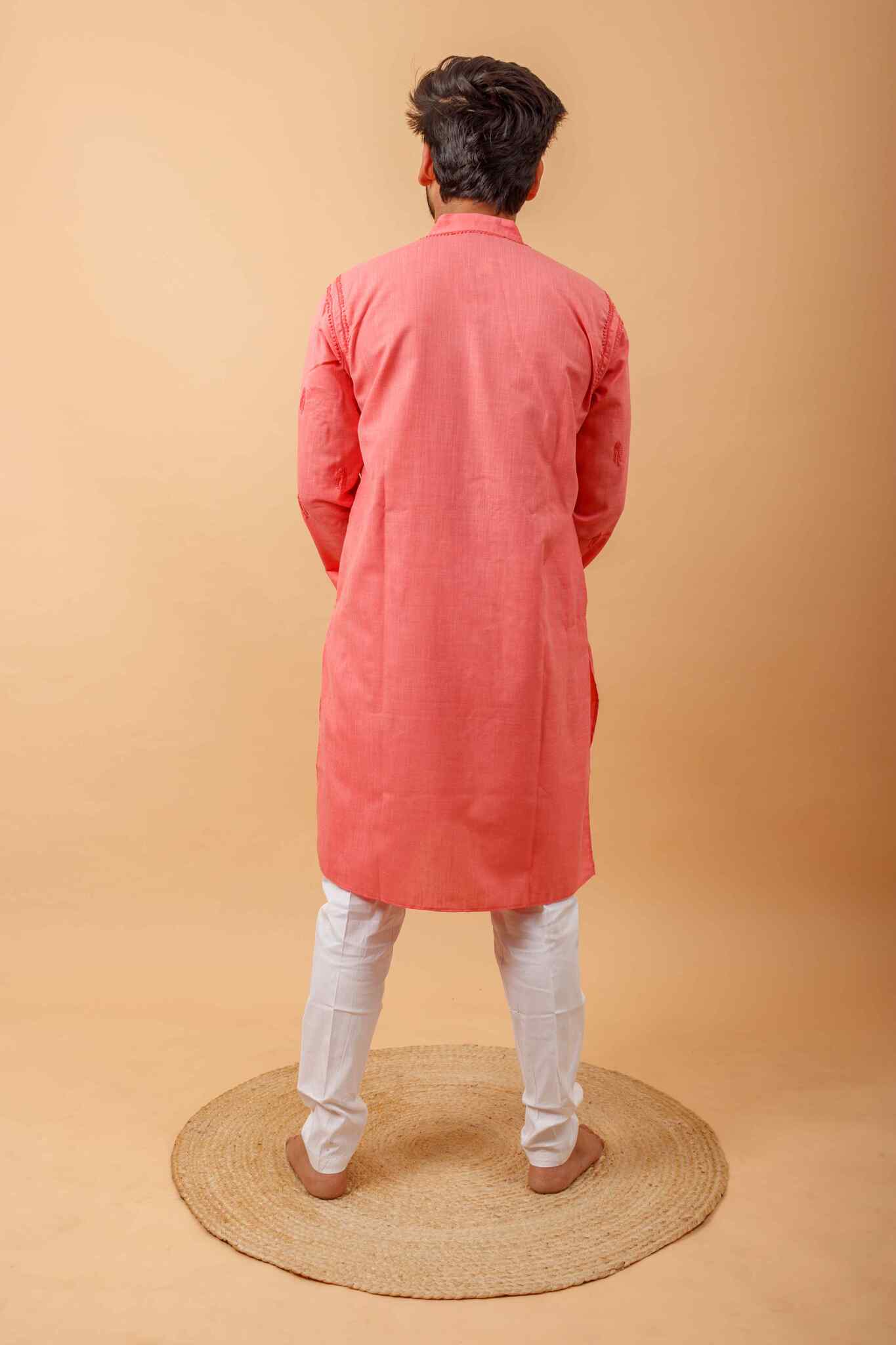 Arsh Handcrafted Tomato Red Gala Booti Pure Cotton Men's Kurta - arshchikan