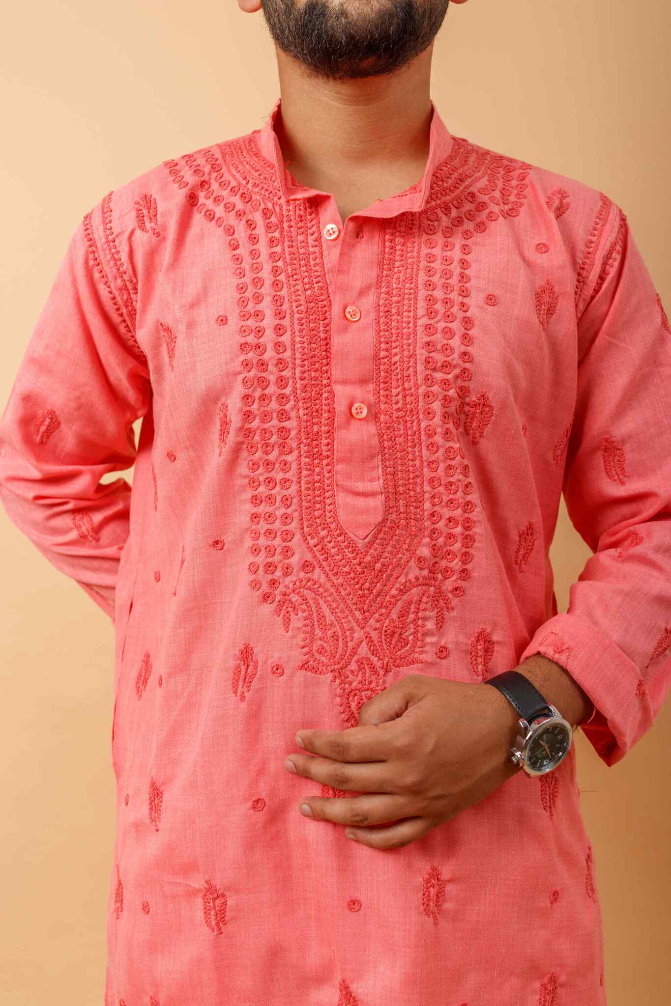 Arsh Handcrafted Tomato Red Gala Booti Pure Cotton Men's Kurta - arshchikan