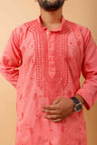 Arsh Handcrafted Tomato Red Gala Booti Pure Cotton Men's Kurta - arshchikan