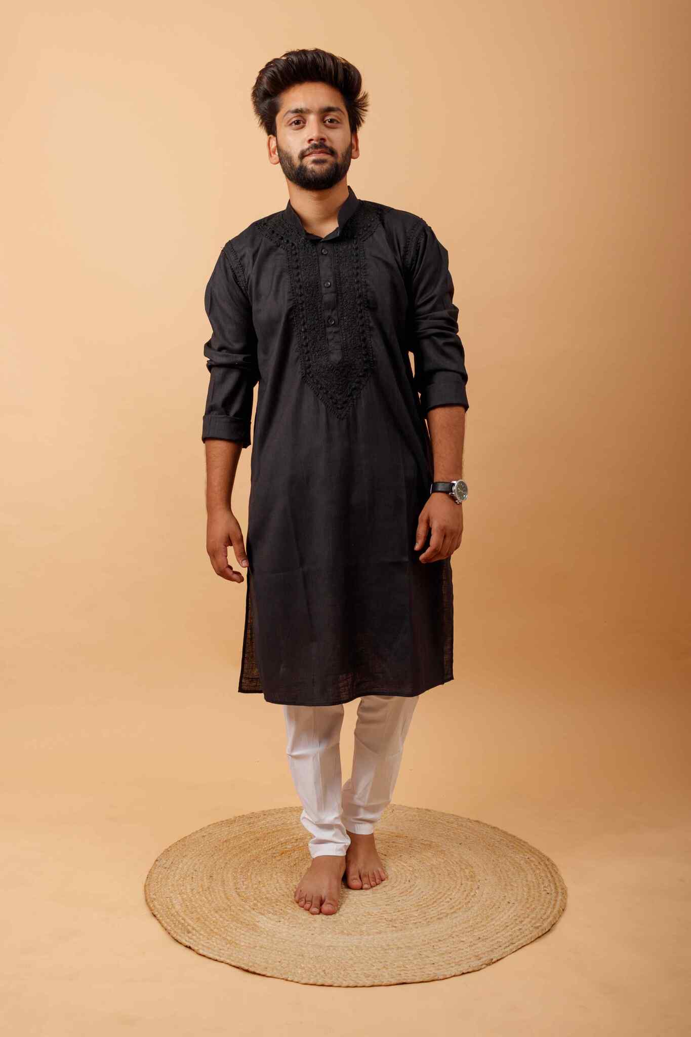 Arsh Handcrafted Black Neck Embroidered Pure Cotton Men's Kurta - arshchikan