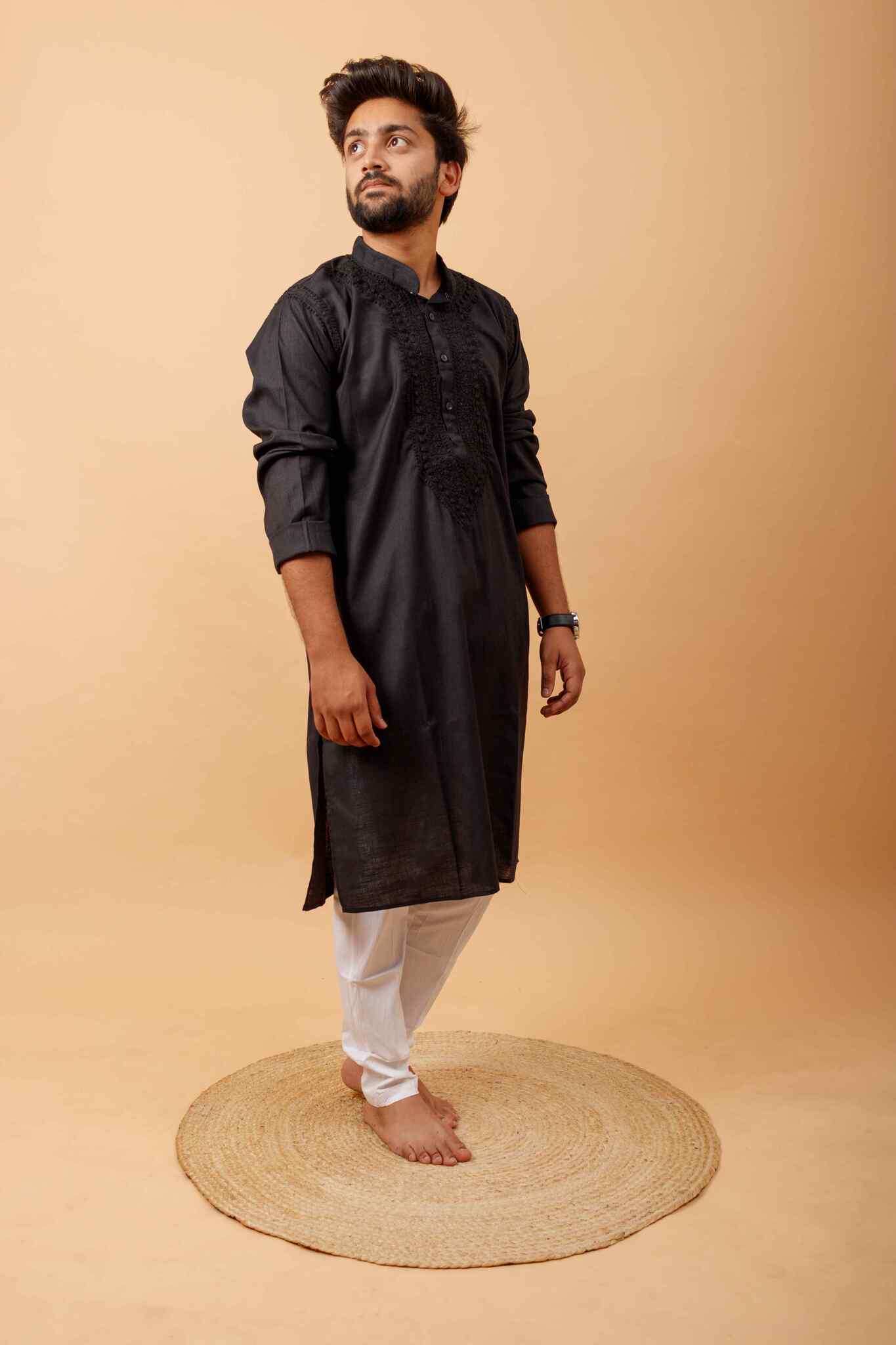 Arsh Handcrafted Black Neck Embroidered Pure Cotton Men's Kurta - arshchikan