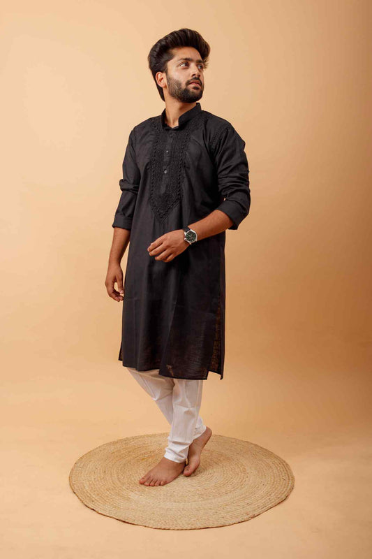 Arsh Handcrafted Black Neck Embroidered Pure Cotton Men's Kurta - arshchikan
