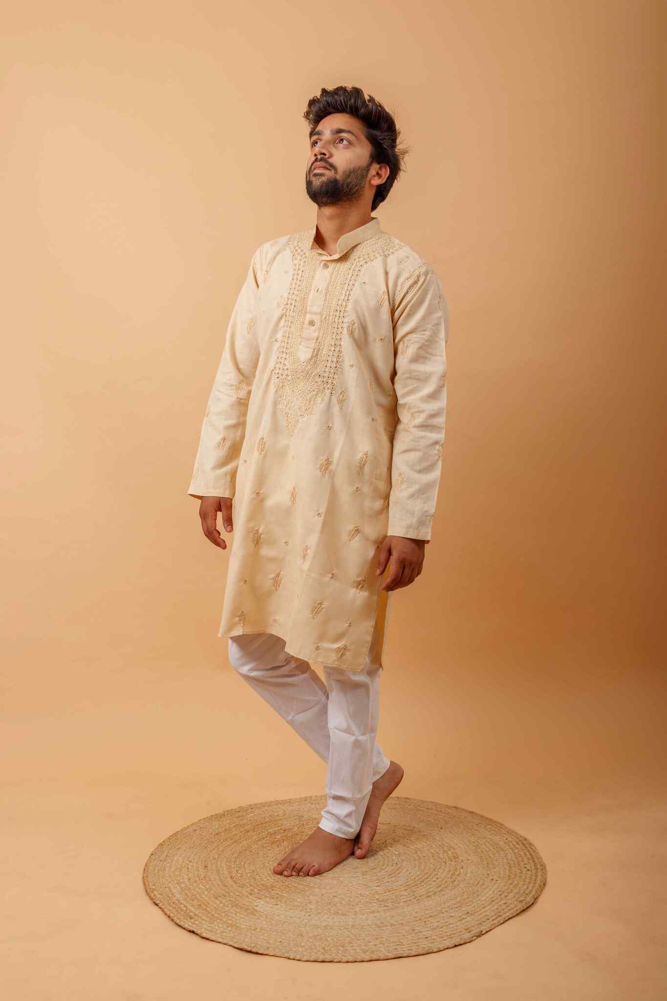 Arsh Handcrafted Fawn Gala Booti Pure Cotton Men's Kurta - arshchikan