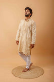 Arsh Handcrafted Fawn Gala Booti Pure Cotton Men's Kurta - arshchikan