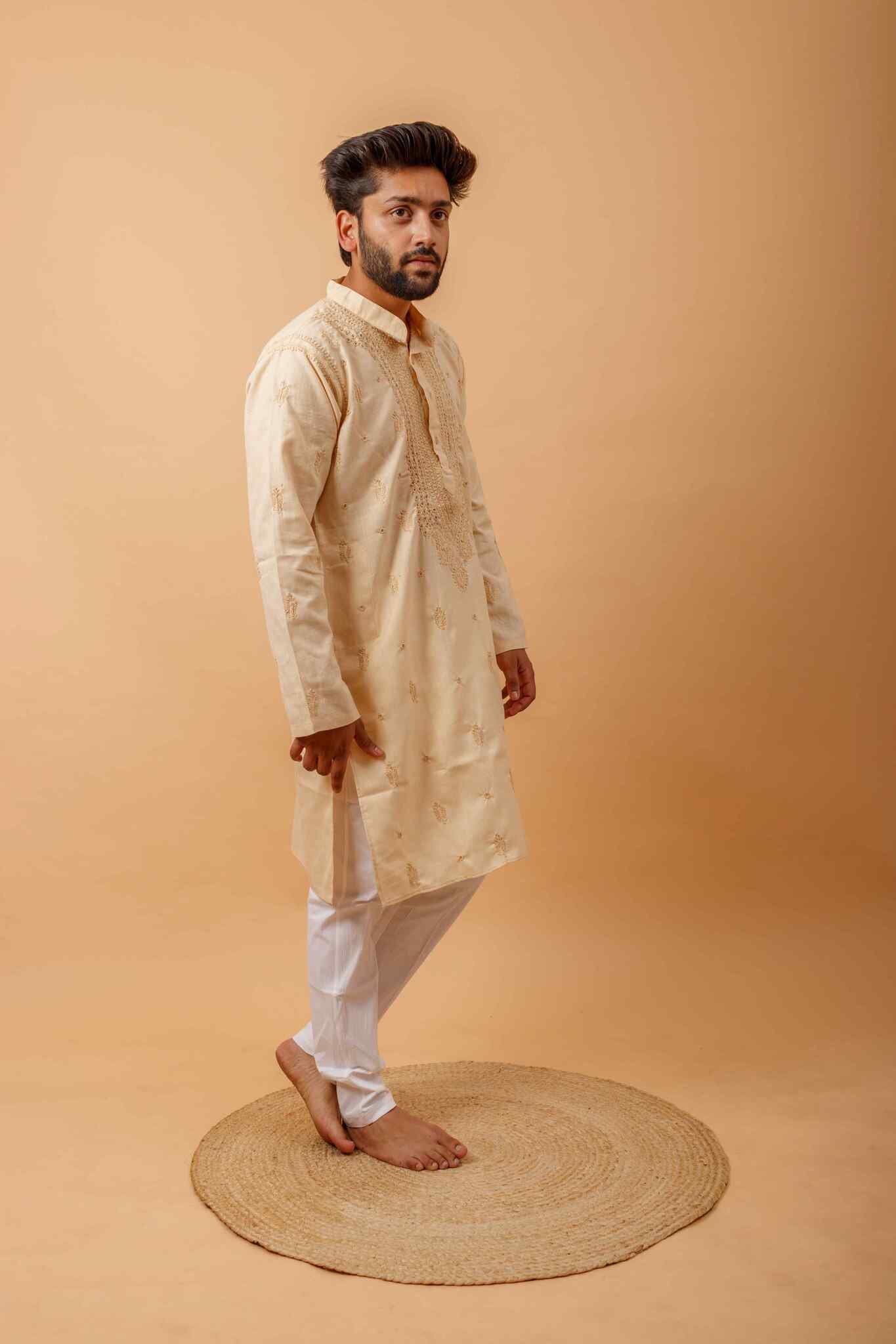 Arsh Handcrafted Fawn Gala Booti Pure Cotton Men's Kurta - arshchikan